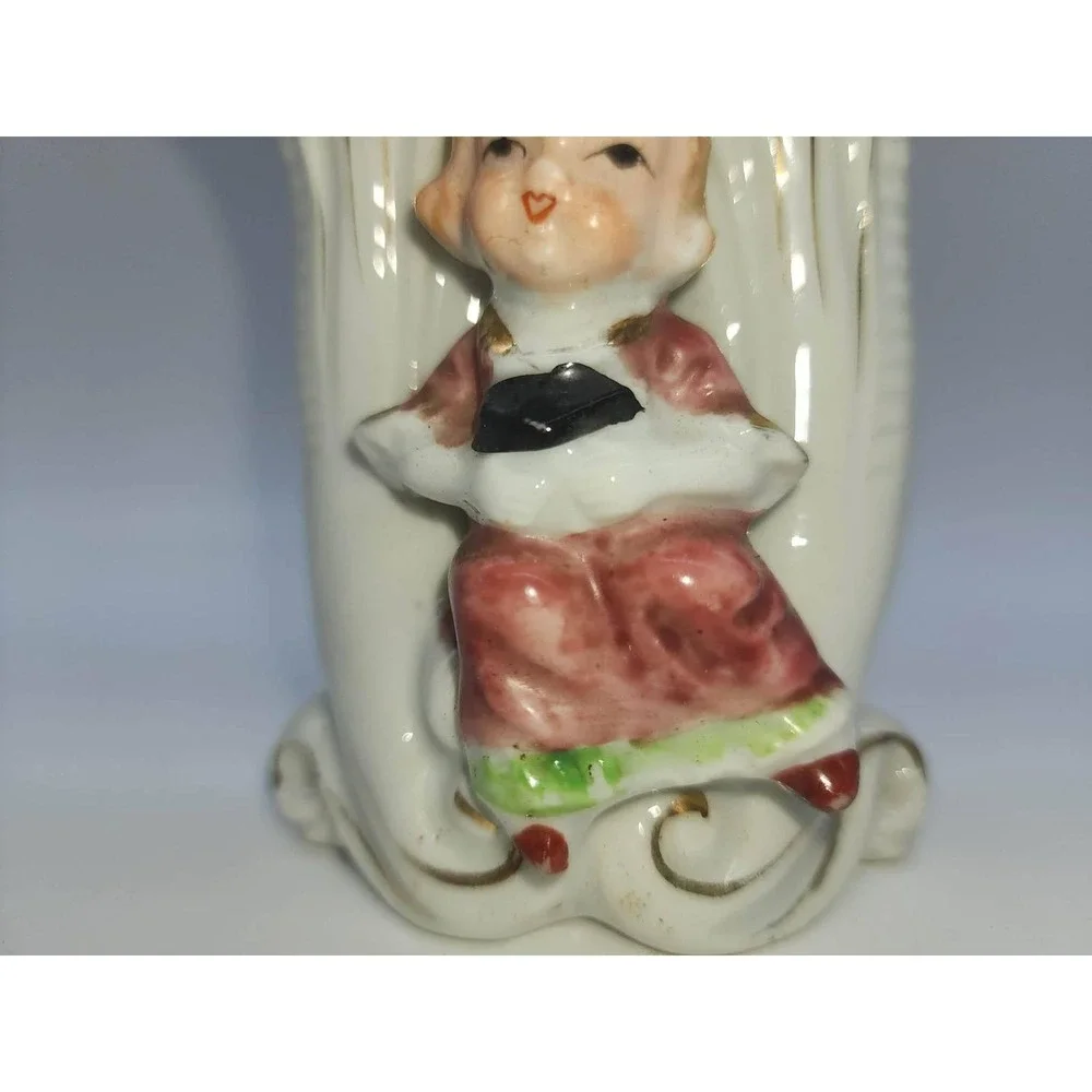 Vintage Japan Ceramic Bud Vase Girl in Red Dress Gold Trim Double Flute 3.5 Inch